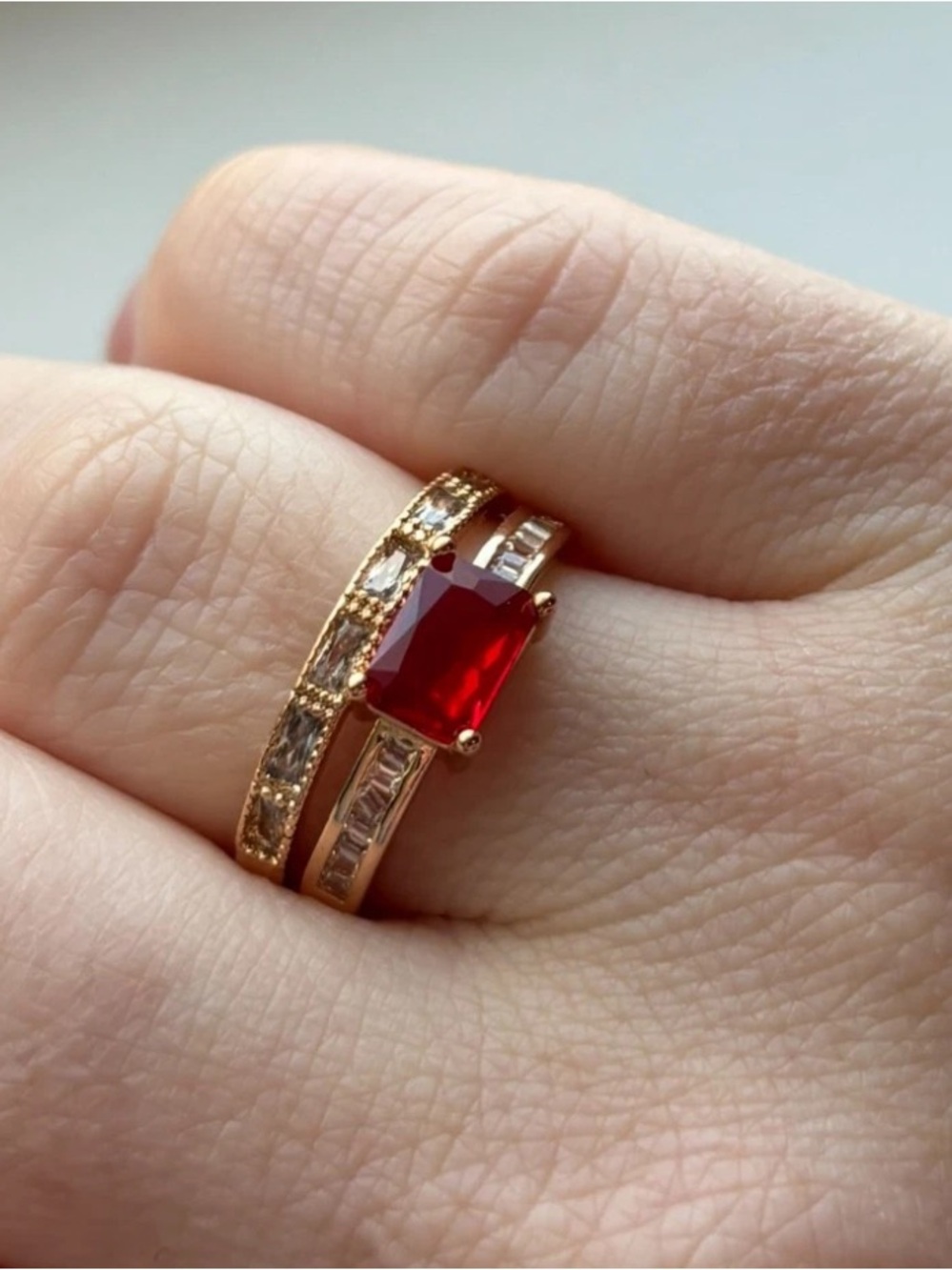 Gold Plated Ruby Red CZ Stacked Ring Size 6 Double Band Baguette & Pave - Picture 2 of 9